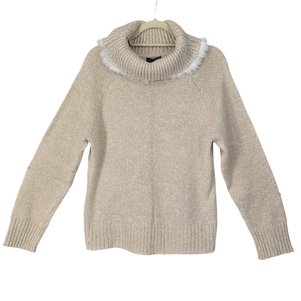 Carolyn Taylor Womens XL Beige Cowl Neck Sweater Genuine Rabbit Fur Trim Knit